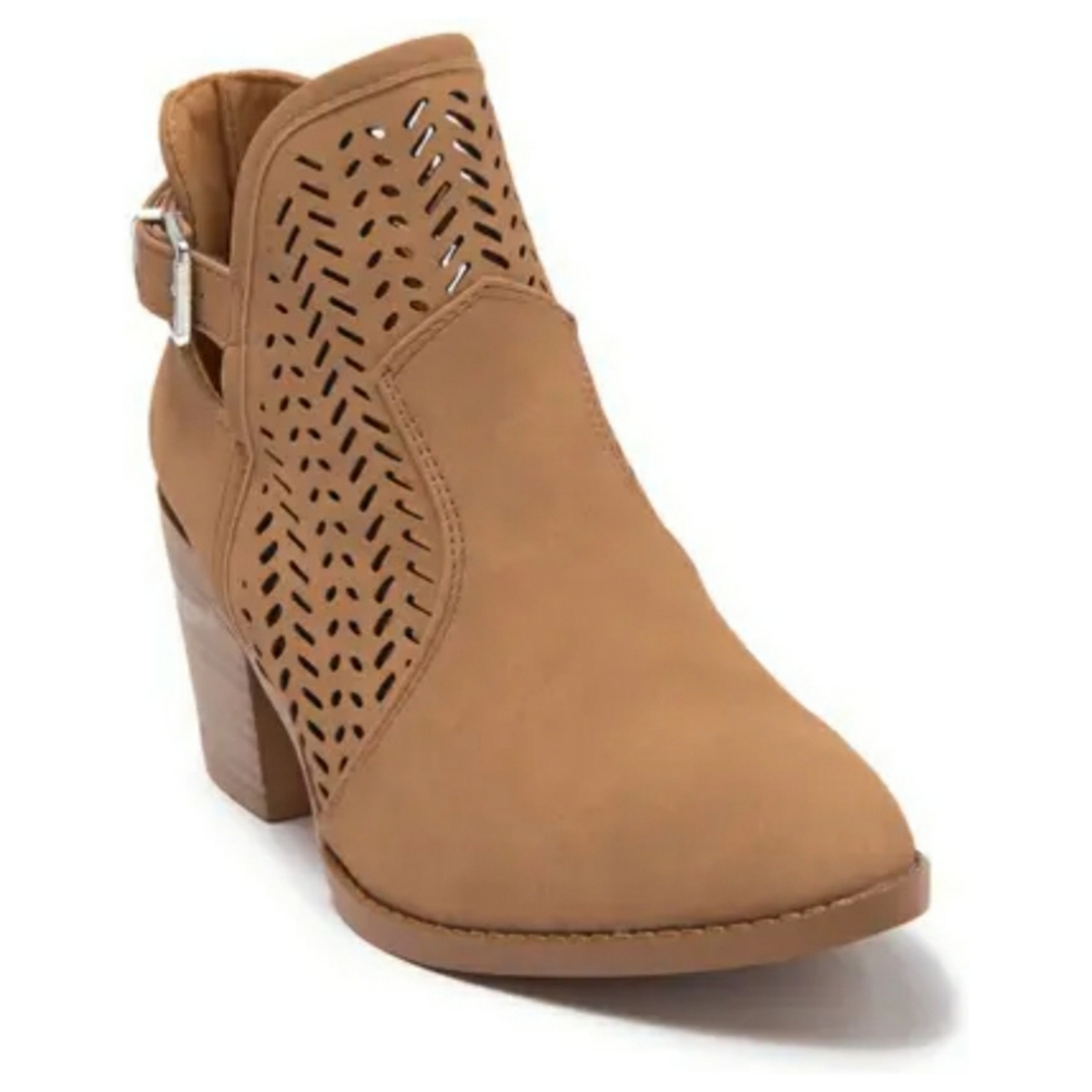 Laser Cut Buckled Ankle Bootie with Block Heel